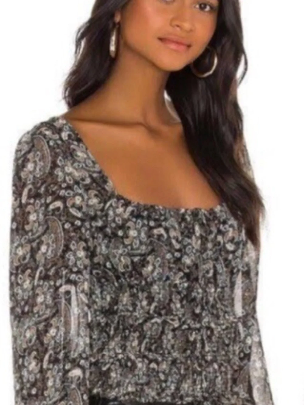 Free People Lolita Paisley Peasant Blouse Dark Combo Smocked Boho Top *M